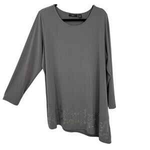 Susan Graver 1X Embellished Slinky Knit Tunic Gray Rhinestone Asymmetrical Hem